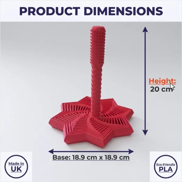 Large 3d printed star spinner fidget toy product dimensions showing 20cm height and 18.9cm base size