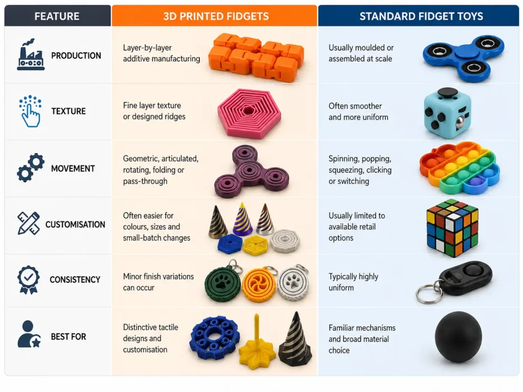3D-printed fidgets vs standard fidget toys comparison showing differences in production, texture, movement, customisation and consistency. 