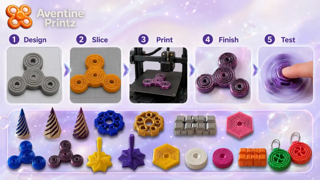 3D printing process for fidget toys showing design, slicing, FDM printing, finishing, and testing stages