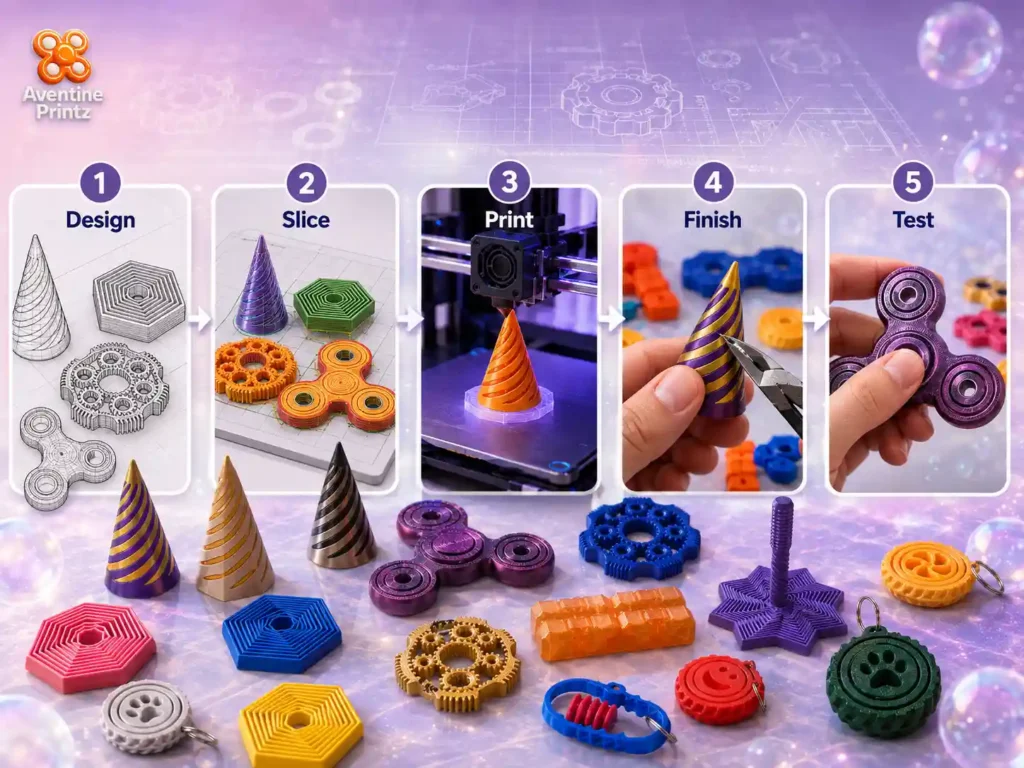 3D printed fidget toys UK collection featuring Aventine Printz sensory fidget toys and tactile designs