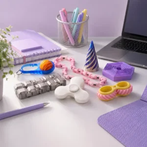ADHD fidget toys collection with colourful sensory tools designed for focus, concentration, and stress relief